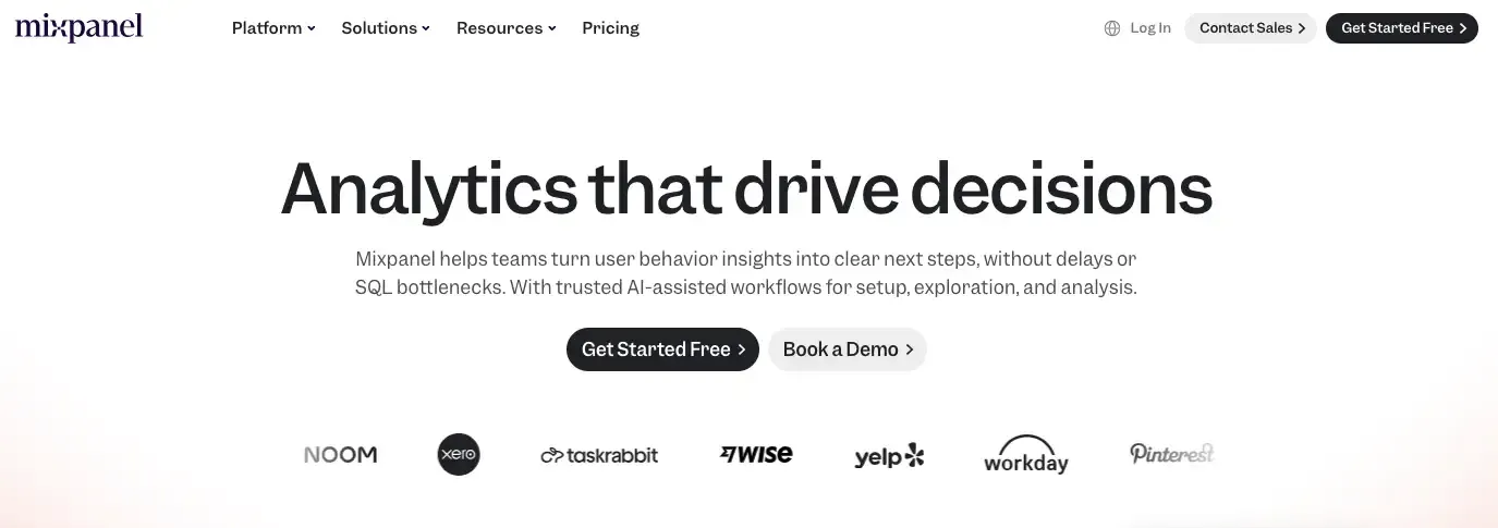 Mixpanel product analytics platform homepage